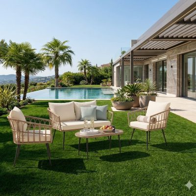 פינת ישיבה מאלומיניום דגם הוואי שתי כורסאות יחיד, ספה זוגית + שולחן